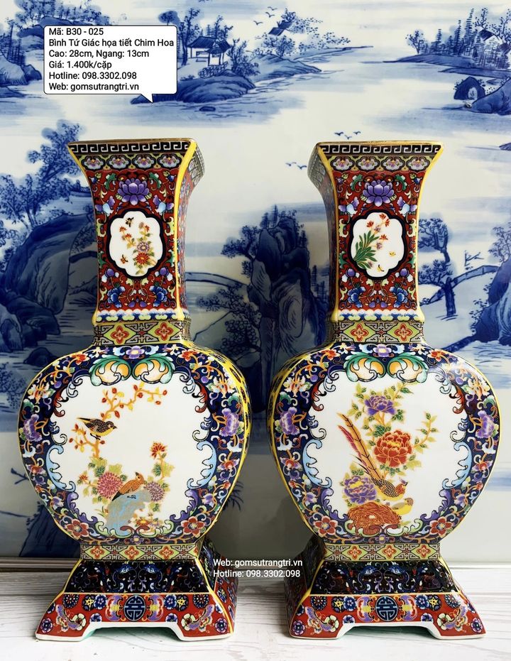 BÌNH TỨ GIÁC HỌA TIẾT CHIM HOA